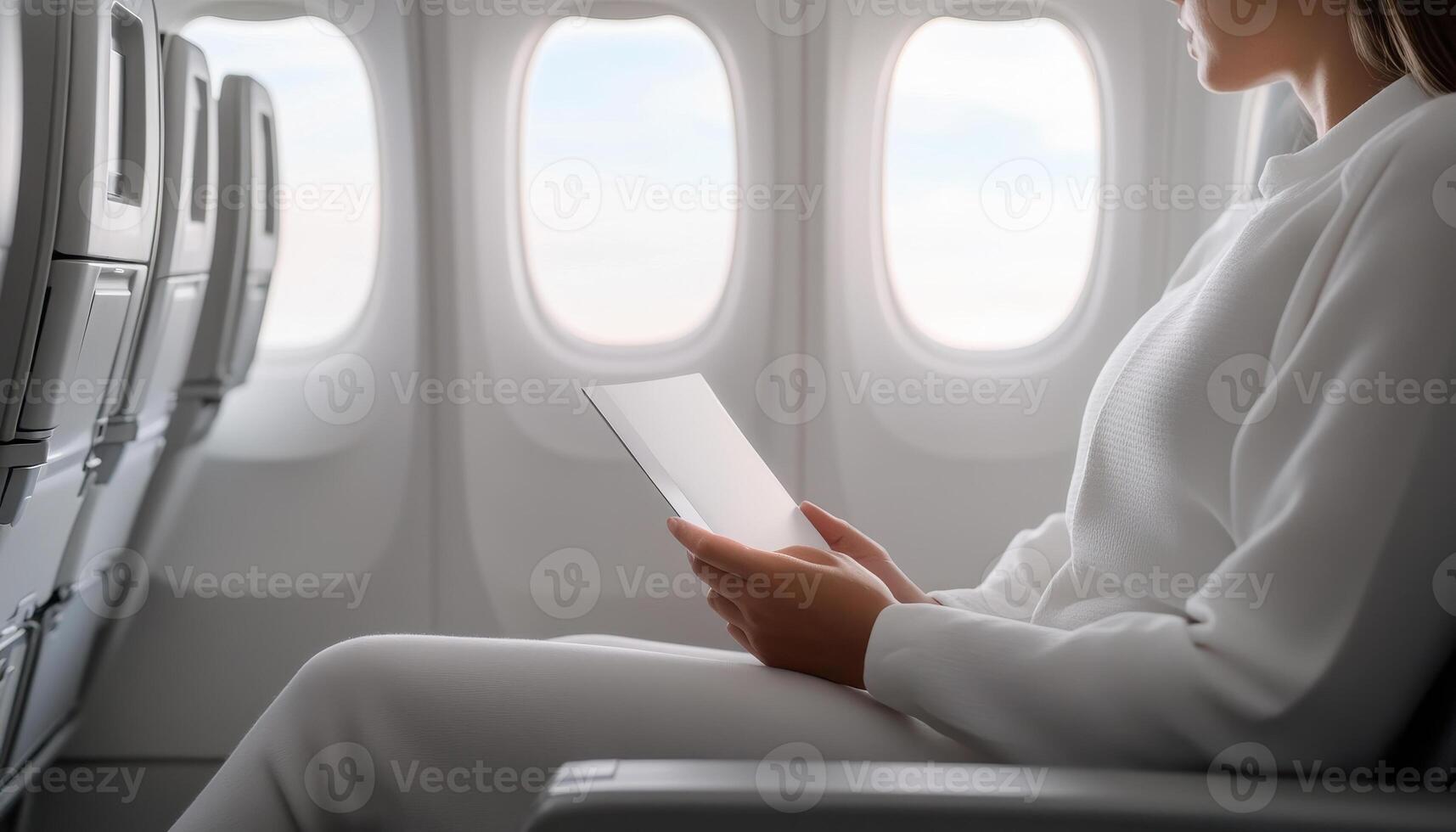 person sitting on plane, holding travel brochure, with soft light and copy space, creating serene atmosphere photo