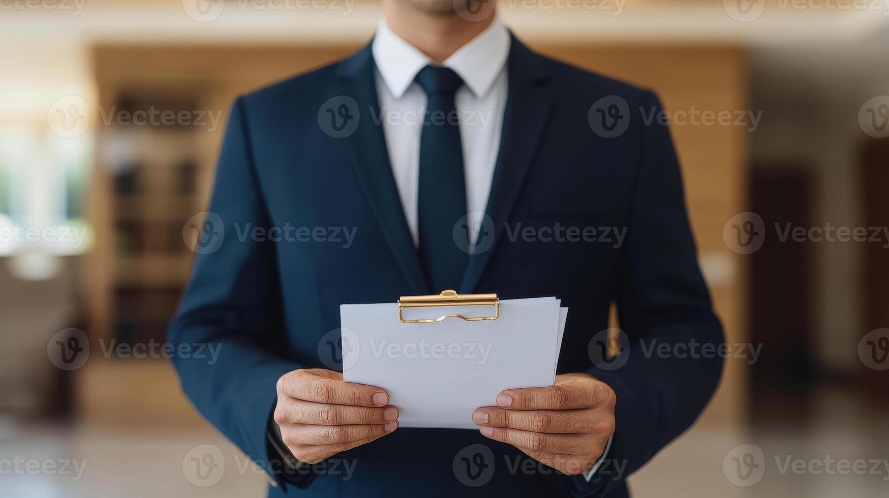 professional insurance broker holding documents at modern desk, exuding confidence and professionalism photo