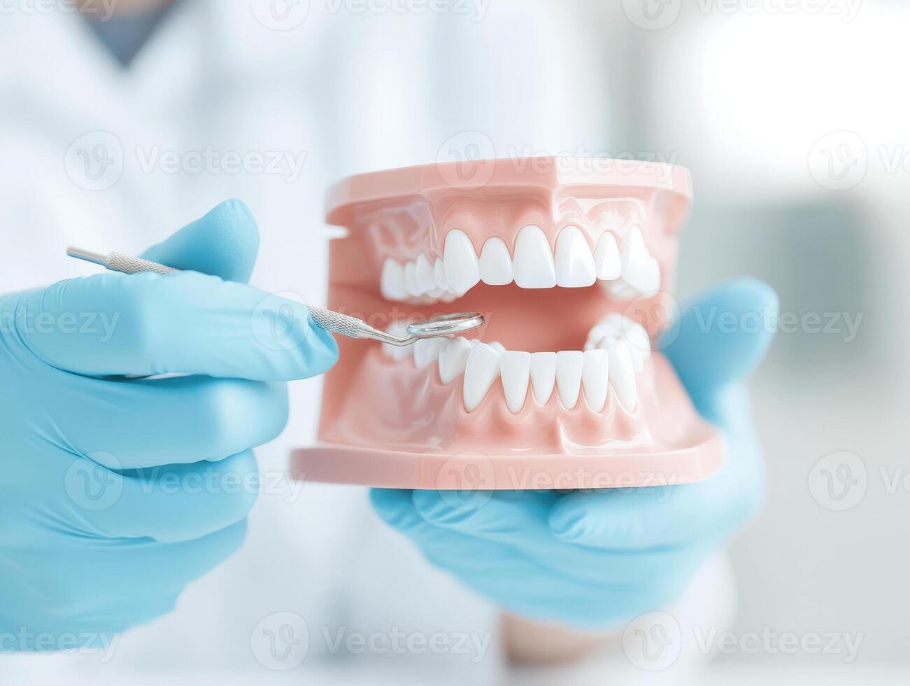 Demonstrating proper dental care with model of teeth and tools, showcasing oral hygiene techniques photo