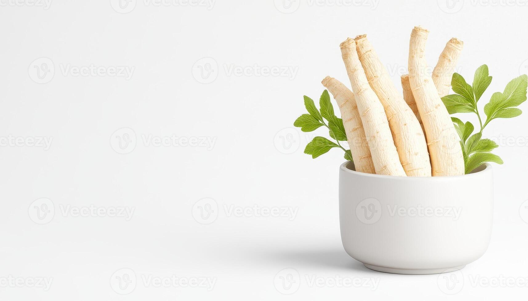 Fresh ginseng roots arranged in white ceramic pot with green leaves, showcasing natural beauty and health benefits photo
