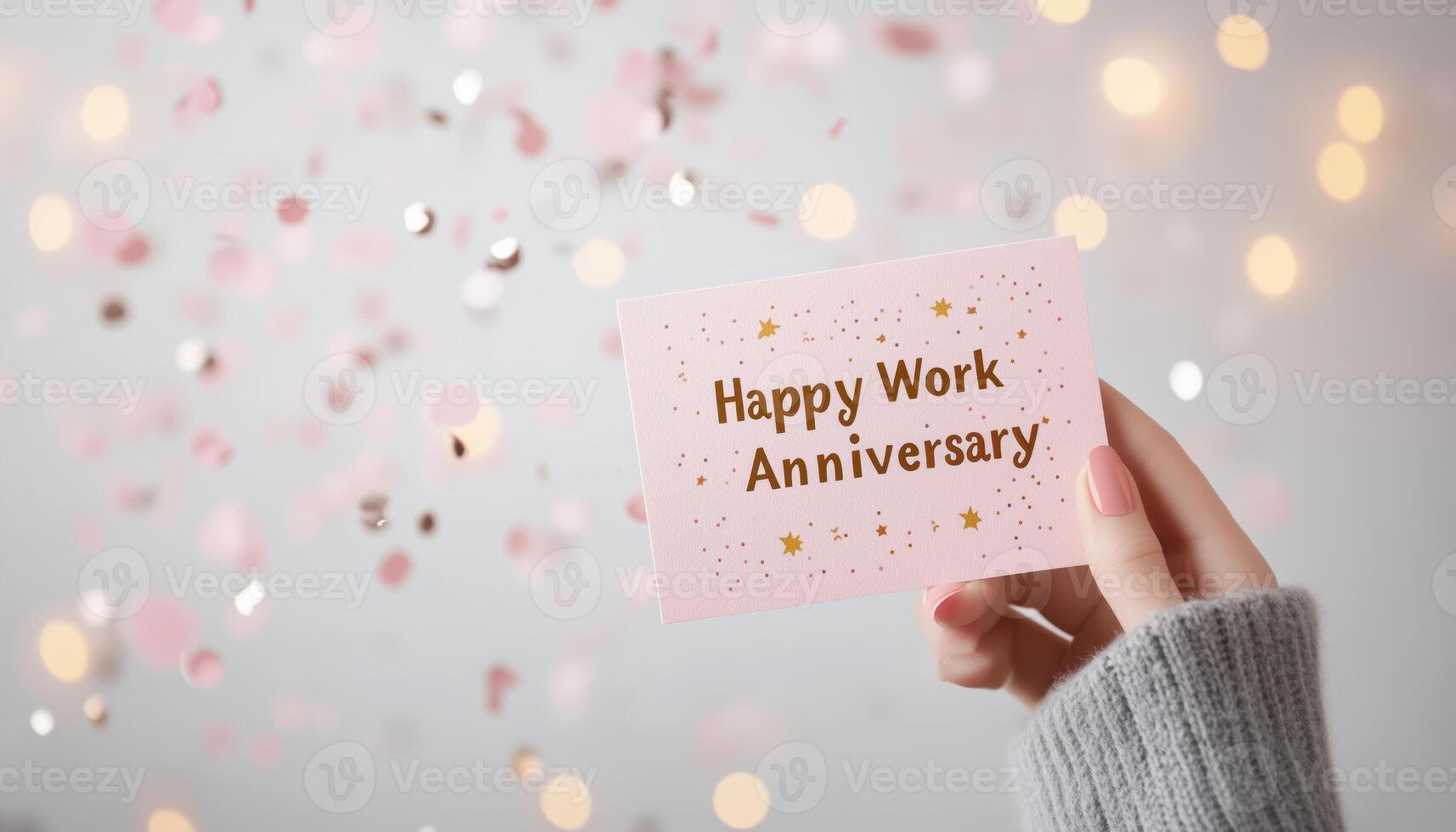 Happy Work Anniversary card held in hand with festive confetti photo
