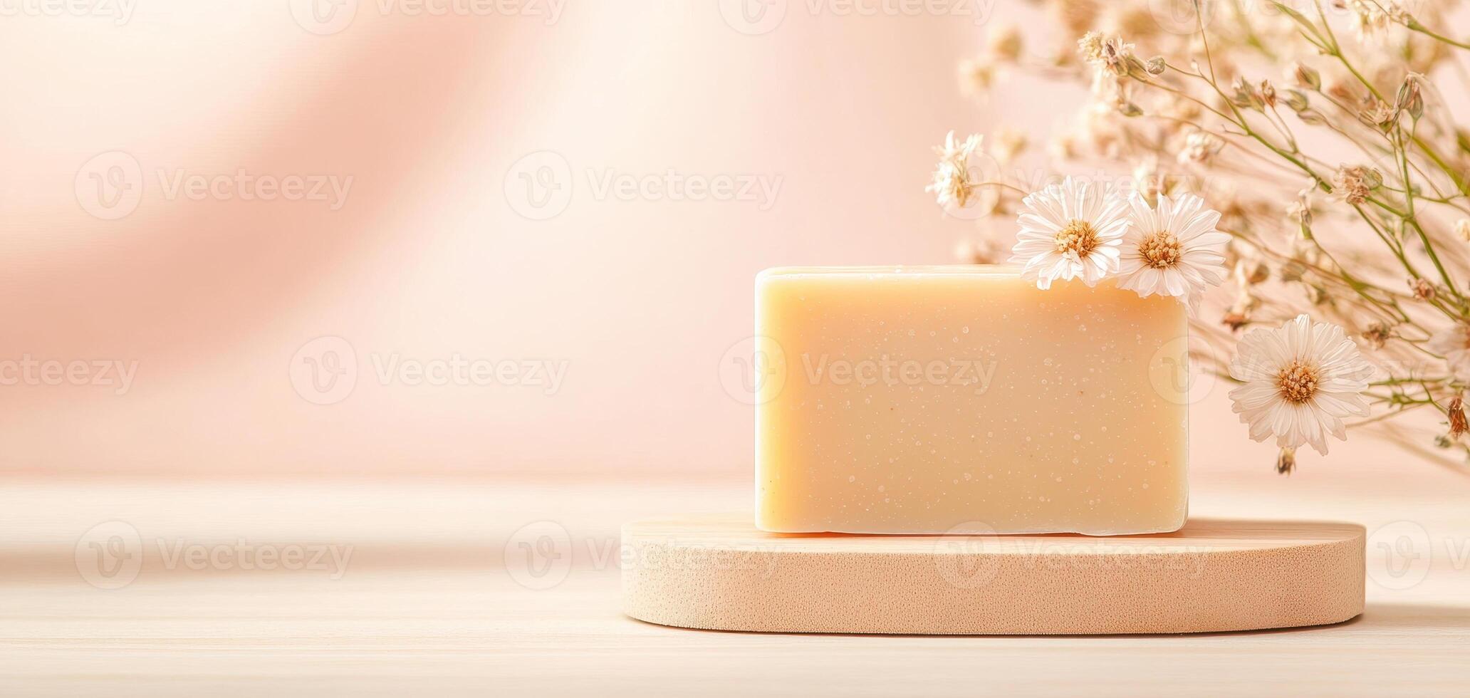 Handcrafted herbal soap bar with dried flowers on wooden stand, evoking tranquility and natural beauty photo