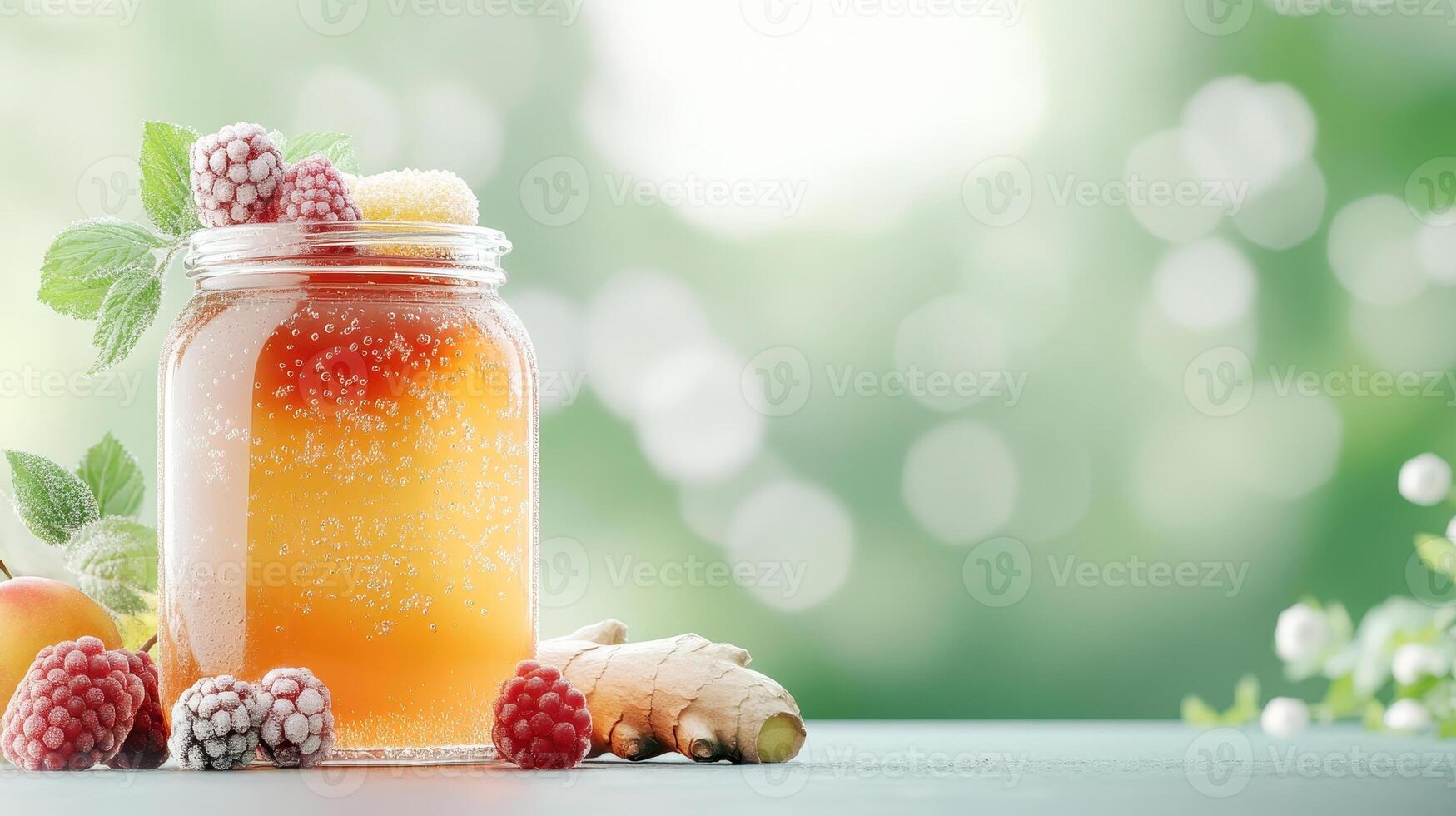 Fresh kombucha in glass jar with ginger, raspberries, and mint leaves photo