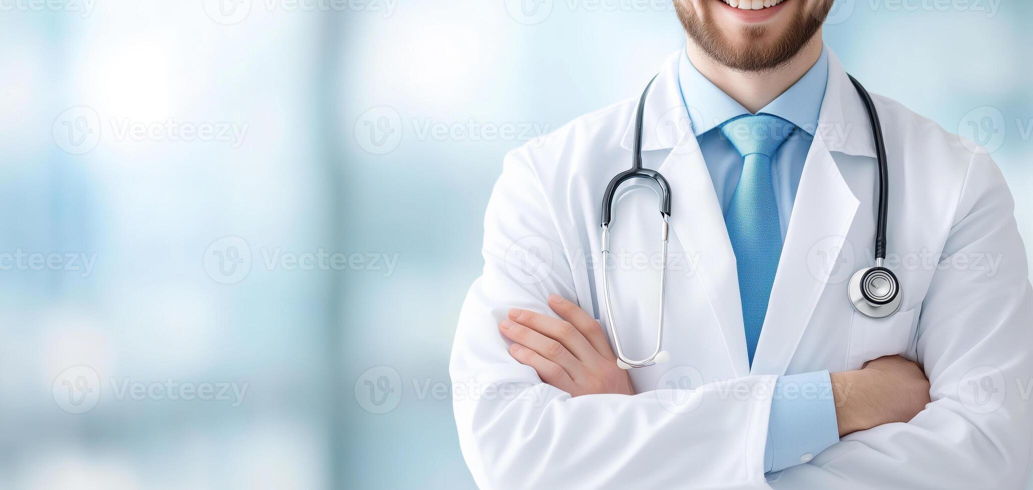 Professional pediatrician smiling while working in bright clinic environment, showcasing caring demeanor and expertise photo