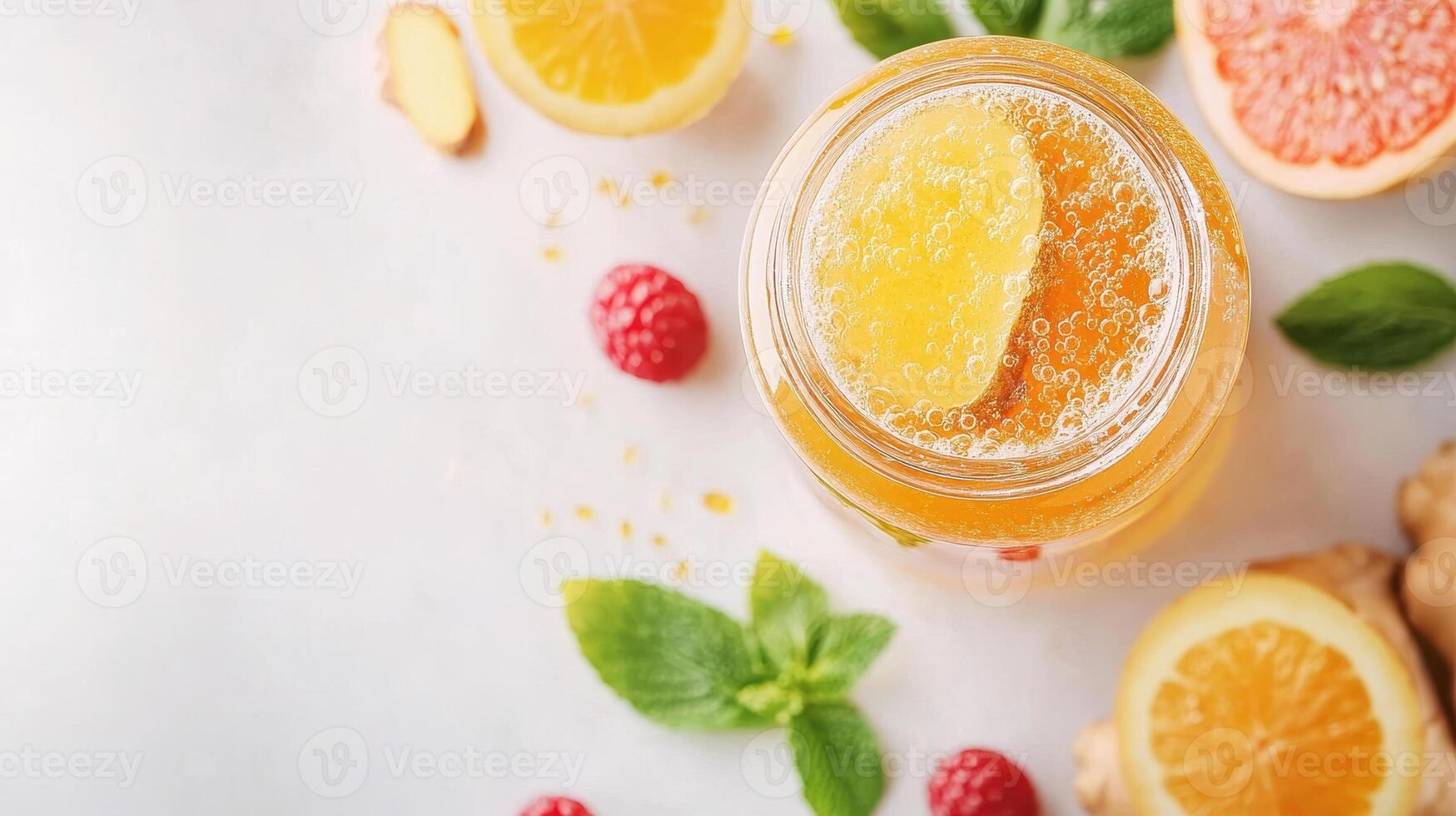 Fresh kombucha in glass jar with citrus slices and berries, exuding refreshing vibe photo