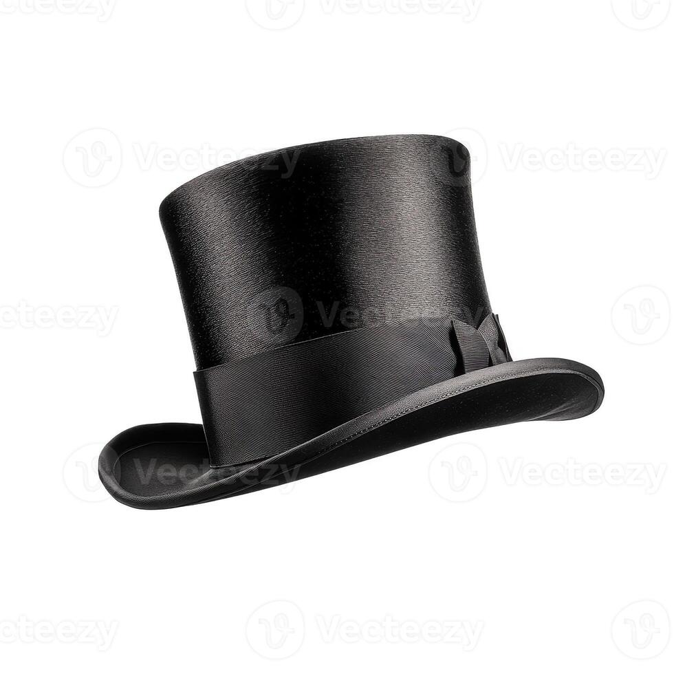 Classic black top hat with smooth finish and elegant design. Perfect for formal occasions and theatrical performances photo