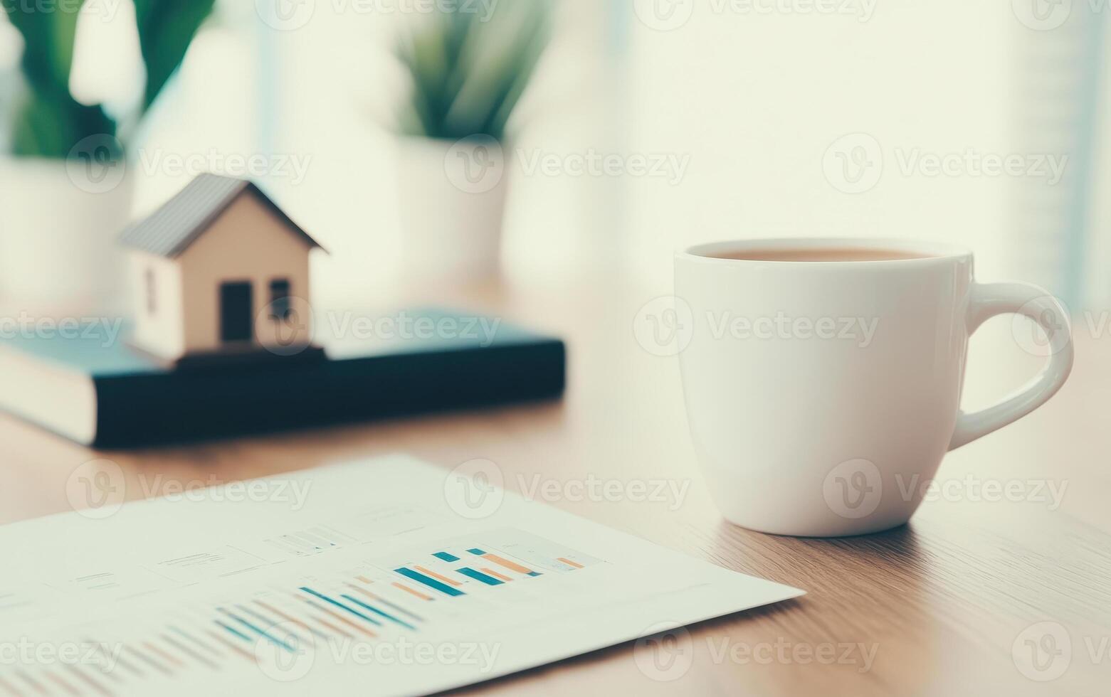 clean desk with cup of coffee, financial graphs, and small house model creates productive atmosphere photo