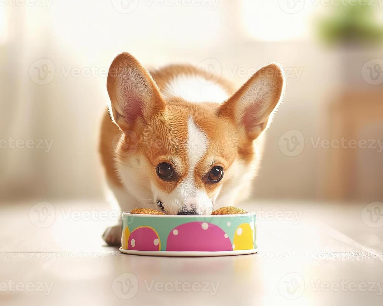 Corgi eating from colorful bowl, showcasing charming moment of joy photo