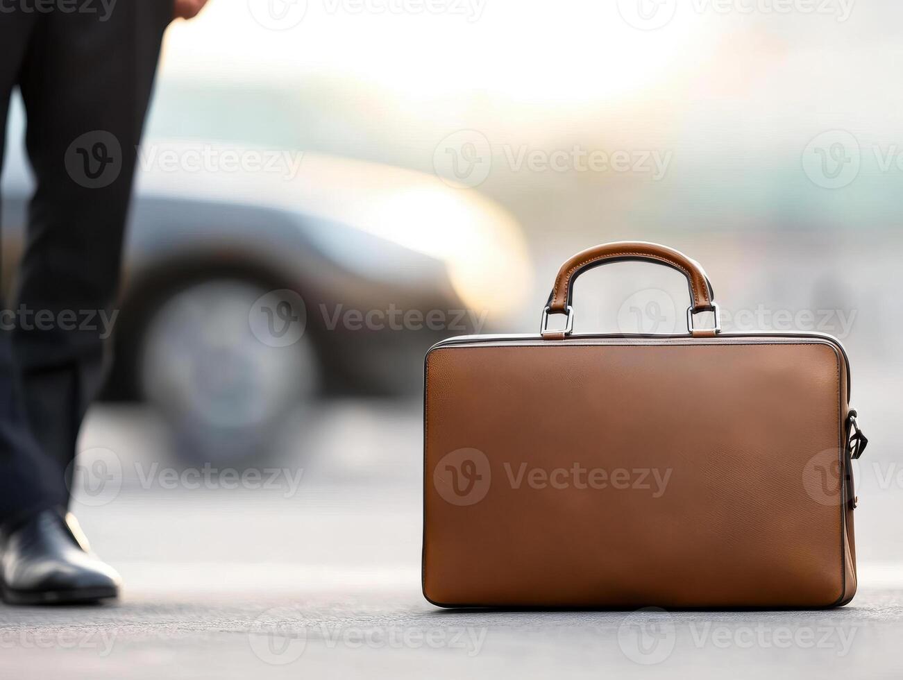 lawyer briefcase rests beside car, symbolizing professionalism and readiness photo