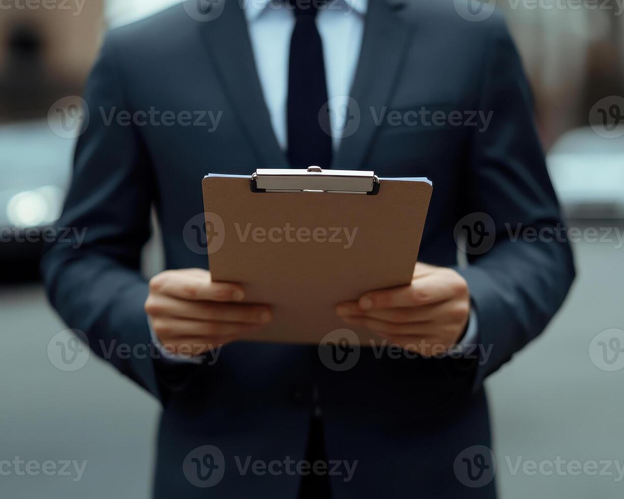 lawyer in suit holding clipboard, ready to address traffic violation. scene conveys professionalism and authority photo