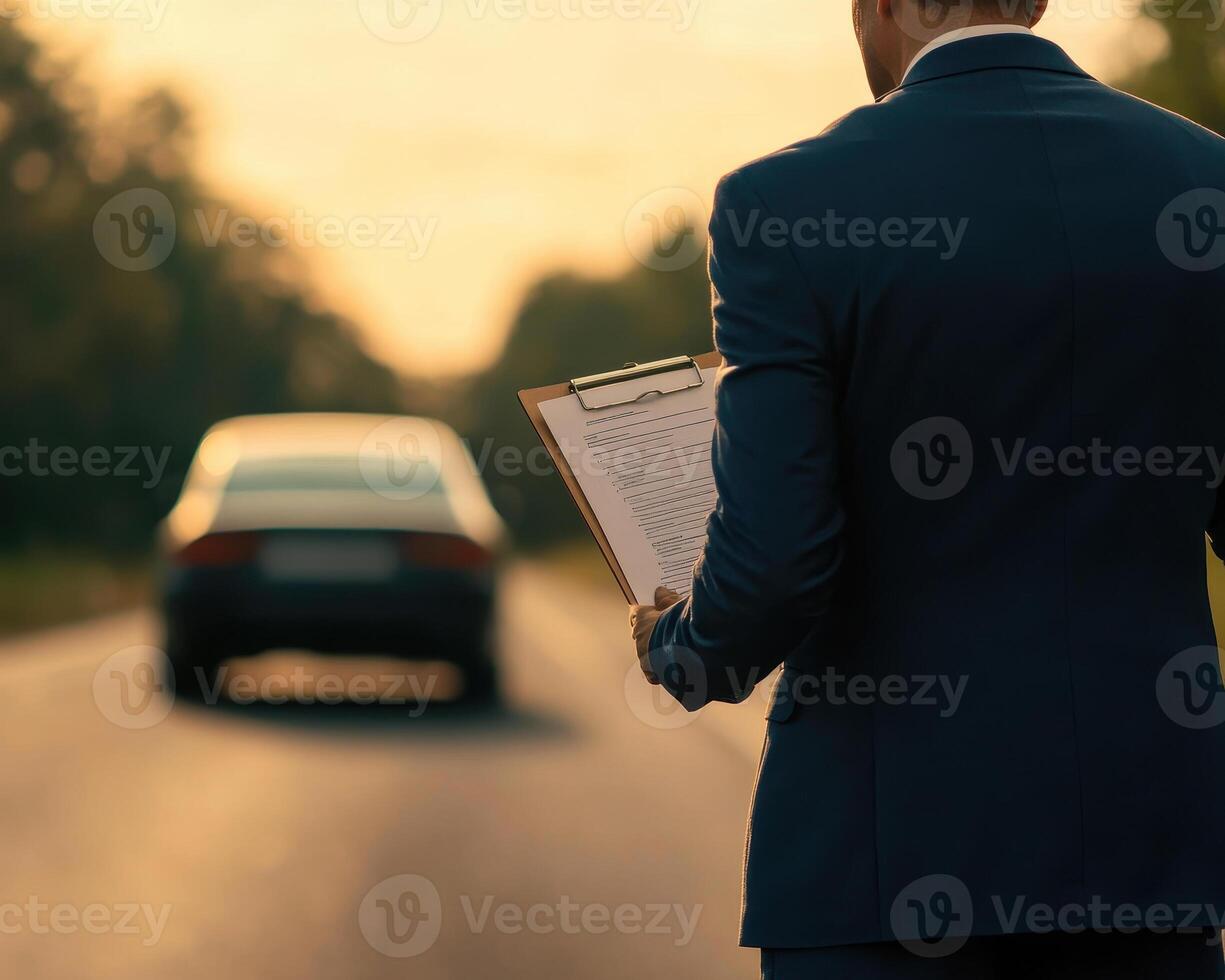 lawyer holding clipboard stands on road, assessing traffic violation. sunset creates dramatic backdrop, enhancing scene tension photo