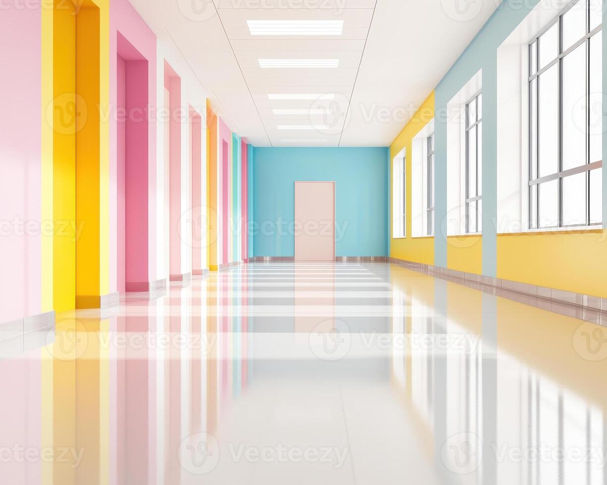 Bright and colorful modern school hallway with sleek design and reflections photo