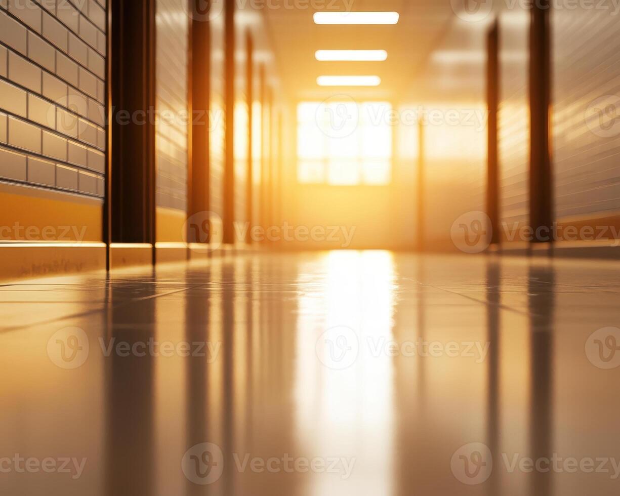 serene school corridor at sunset, illuminated by warm hues and soft light photo