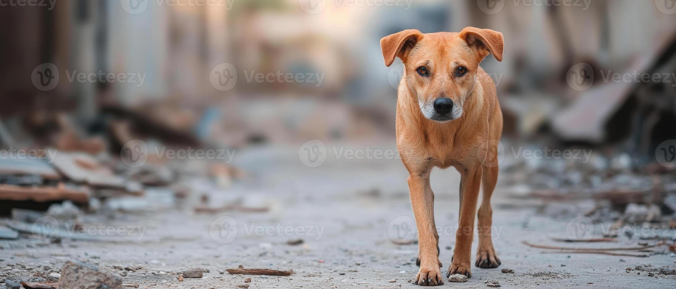 stray dog walks through abandoned town, showcasing resilience and solitude. scene evokes sense of longing and survival amidst decay photo