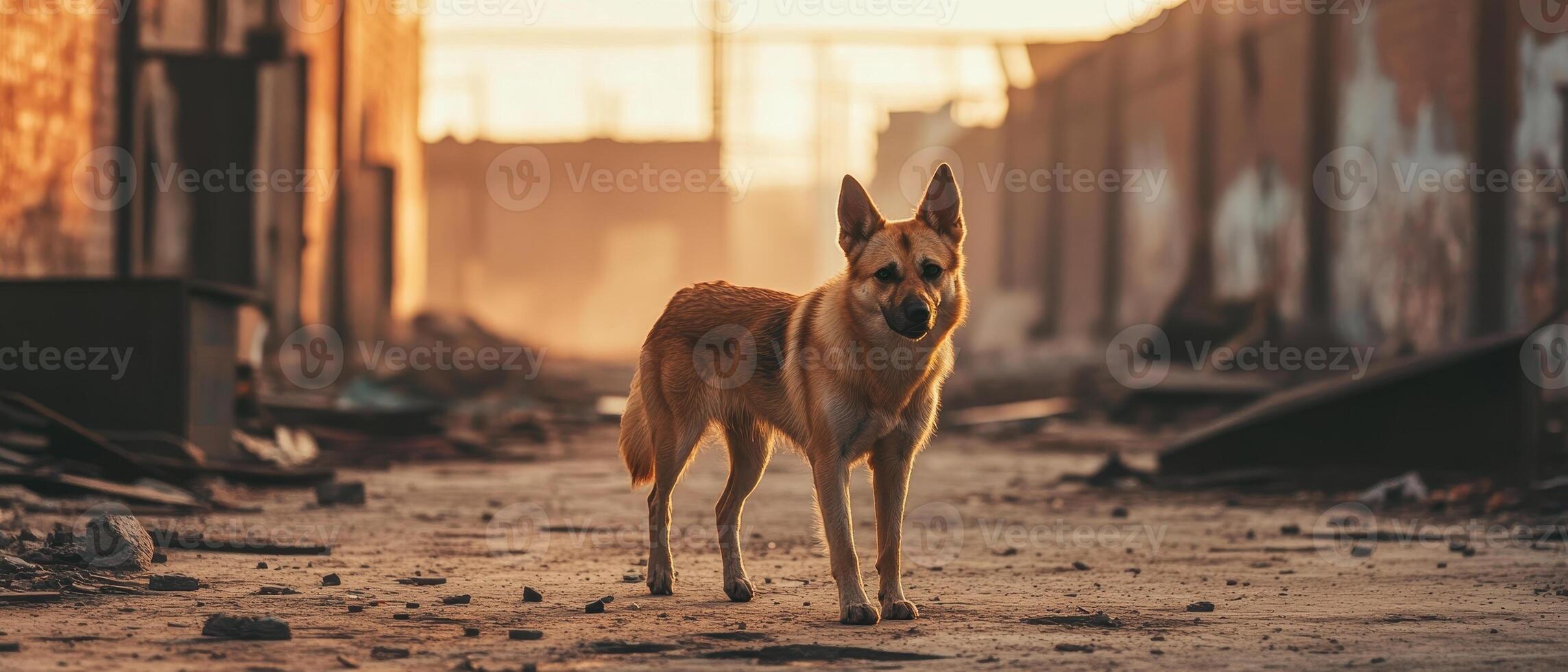stray dog walks through abandoned town, evoking sense of solitude and resilience photo