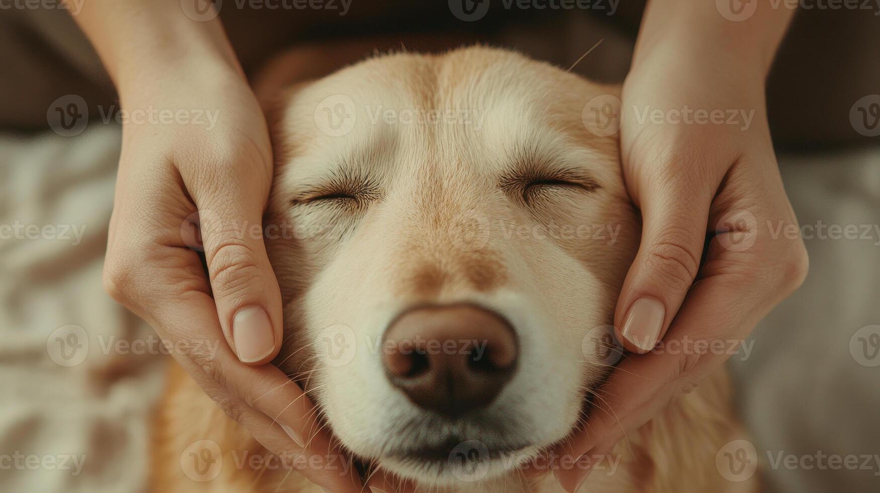 Pet dog enjoying gentle head massage with human hands, feeling relaxed and happy. This moment captures bond between pet and owner photo