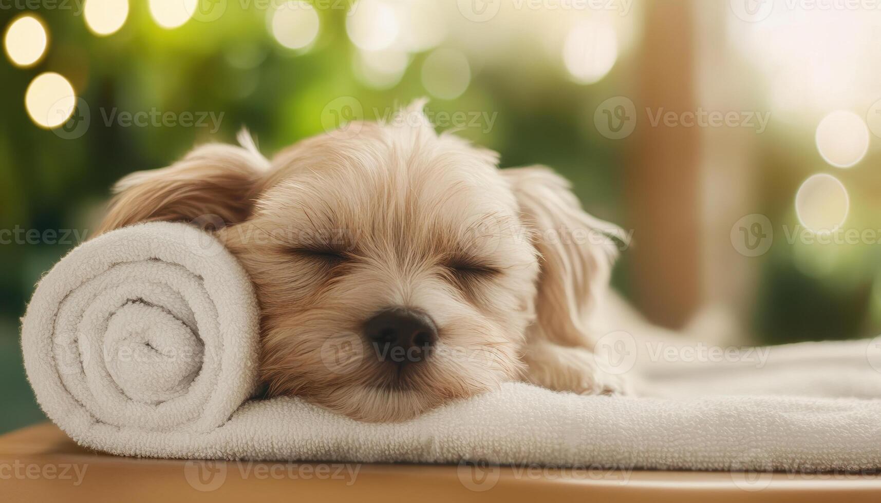 peaceful puppy resting on rolled towel, surrounded by soft light and greenery, exuding calmness and comfort photo