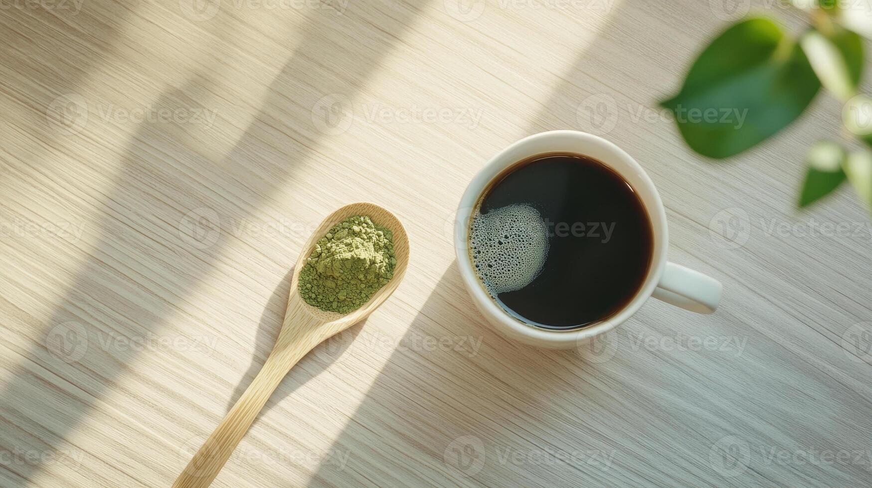 de madera cuchara sostiene matcha polvo junto a taza de café en de madera mesa. luz de sol yesos amable oscuridad, creando sereno atmósfera foto