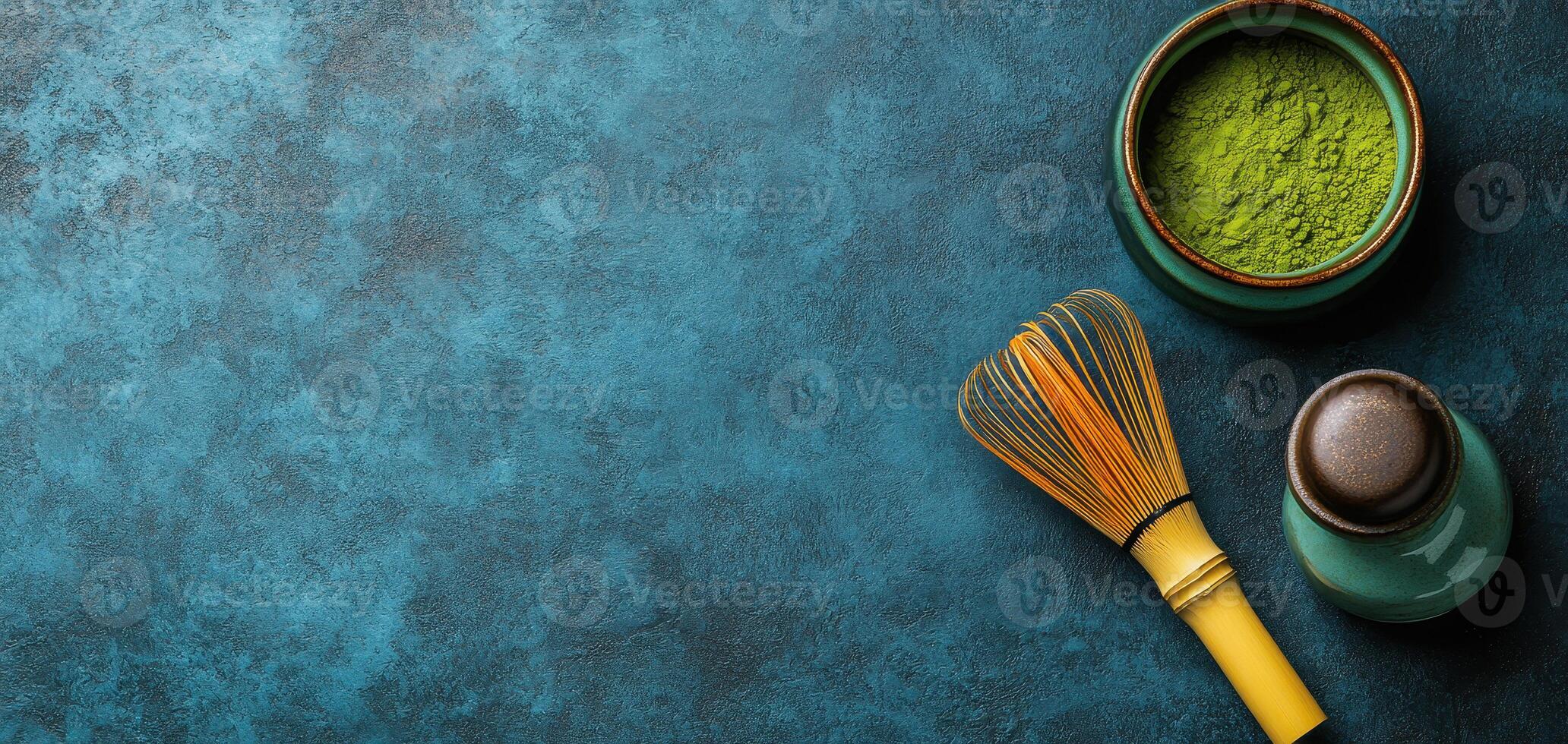 Abstract arrangement of matcha whisk and green powder on textured surface, creating serene atmosphere with ample copy space photo