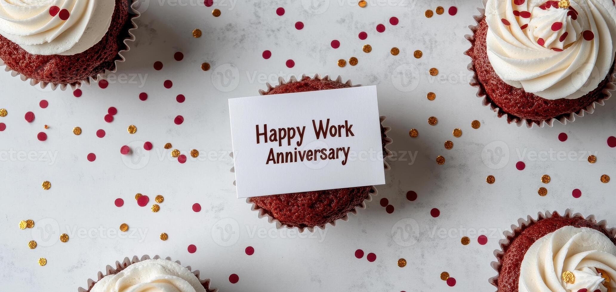 Happy Work Anniversary card on red velvet cupcake surrounded by confetti, creating festive atmosphere for celebration photo