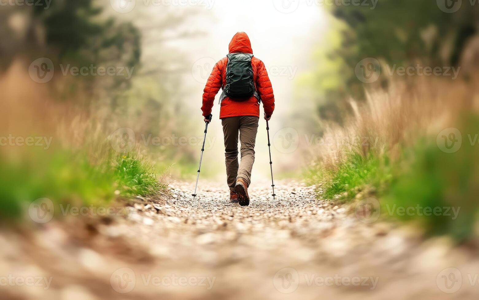 person in red jacket hiking on trail with trekking poles, surrounded by nature. scene evokes sense of adventure and tranquility photo