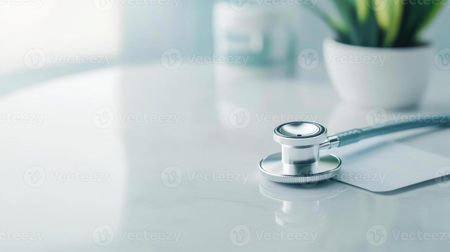 stethoscope rests on marble table next to plant, symbolizing healthcare and wellness photo