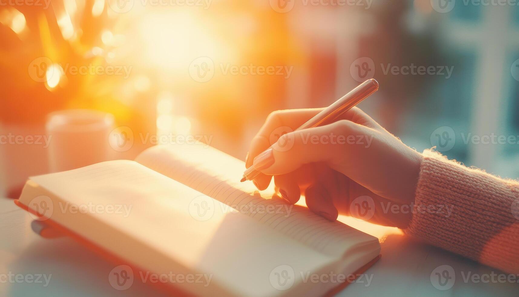 hand writing in notebook with warm, glowing background, symbolizing creativity and reflection photo