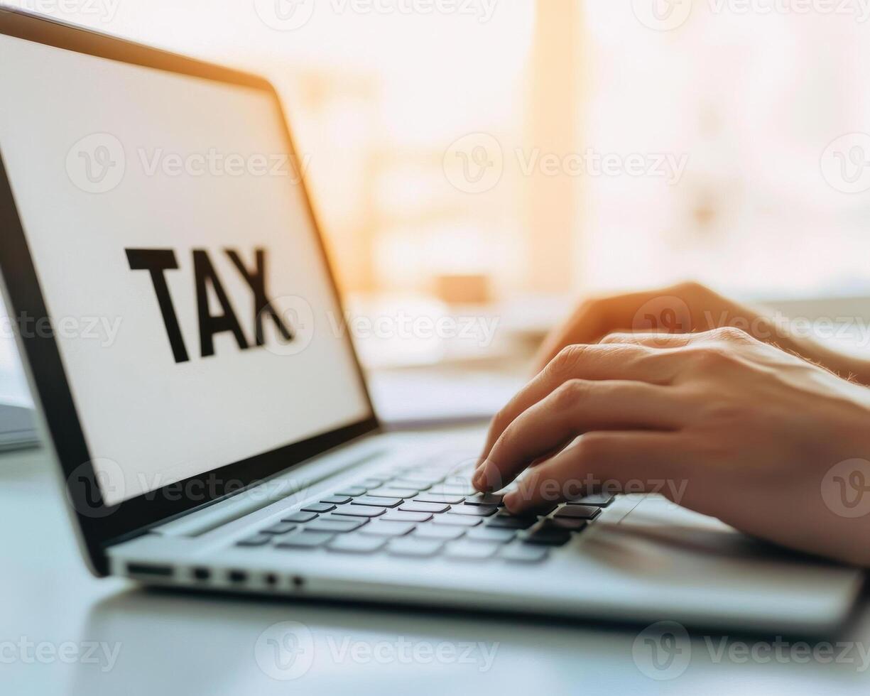 Tax filing on laptop with hands typing, showcasing modern finance photo