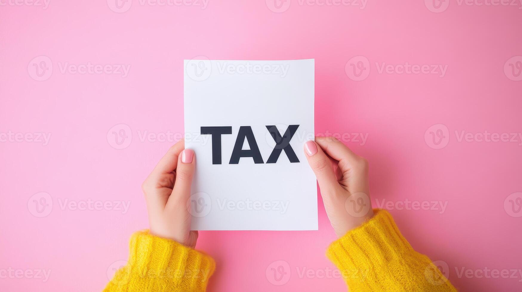 Hands holding white paper with bold TAX text against pink background, evoking sense of financial awareness and responsibility photo