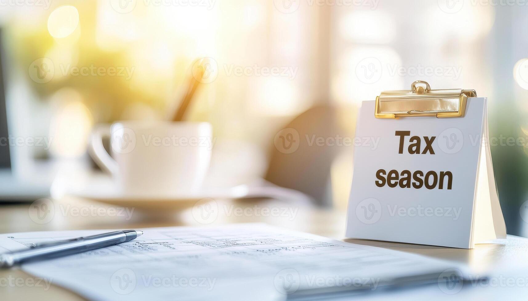 Tax season is here, with forms and reminders on desk, creating focused atmosphere photo