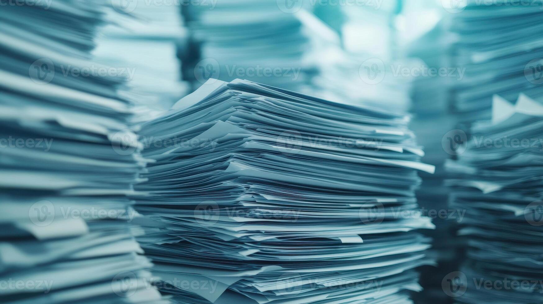 Piles of disorganized paperwork create chaotic office environment, emphasizing need for organization and efficiency photo