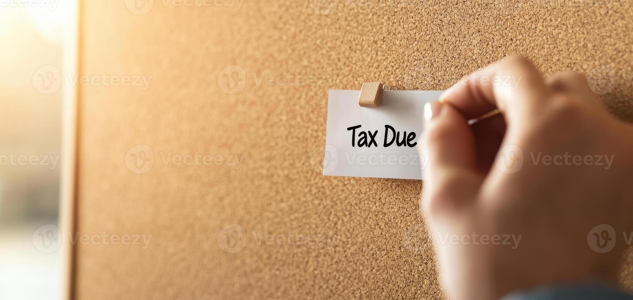 Hand pinning tax due notice on corkboard, emphasizing responsibility and urgency photo