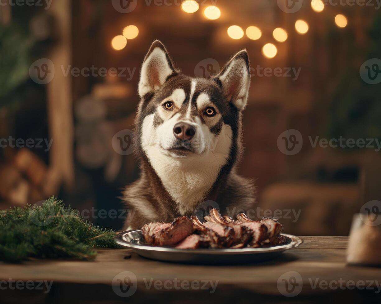 Siberian husky gazes at delicious meal on rustic table, creating warm atmosphere photo