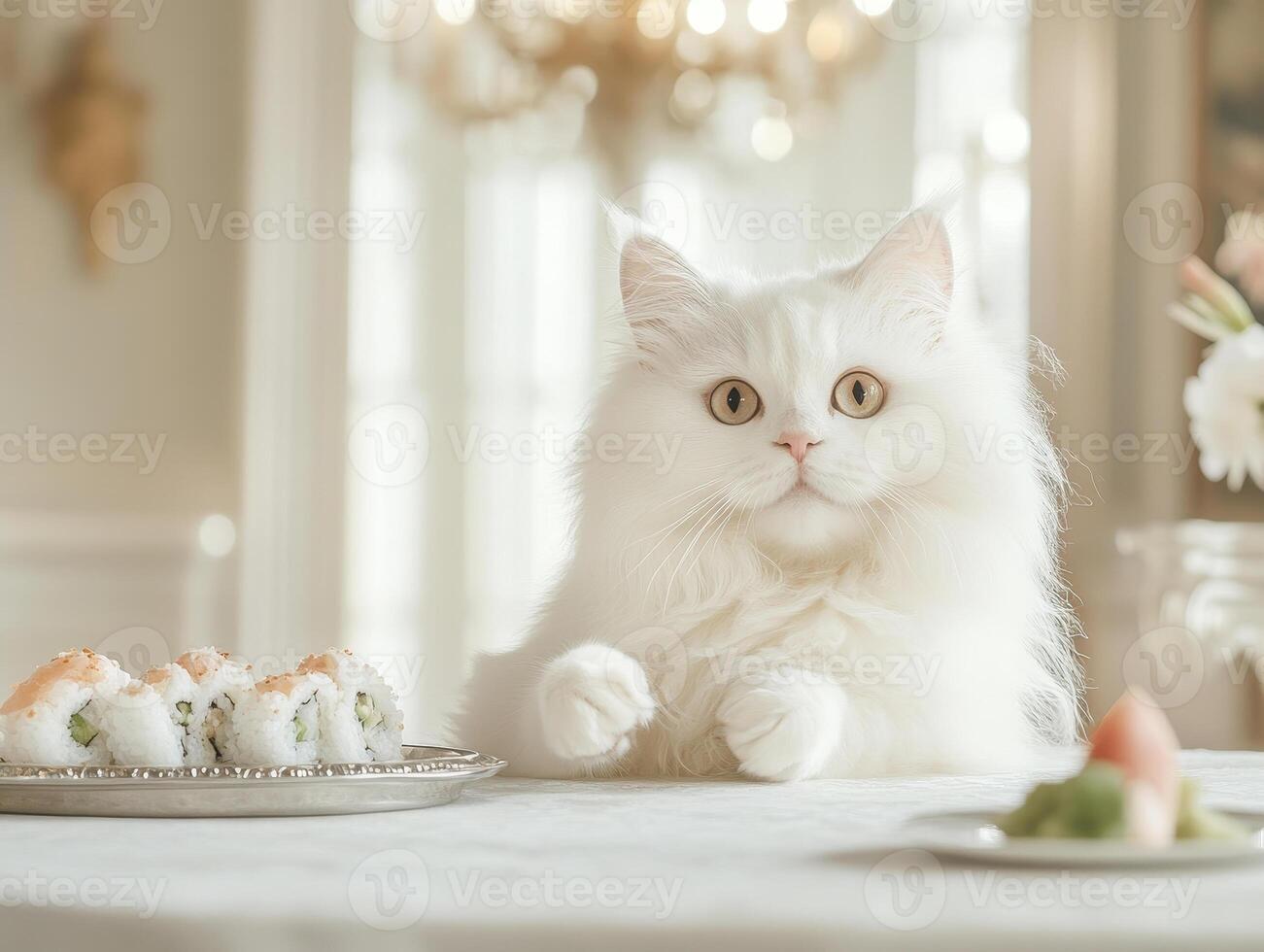 fluffy white cat curiously gazes at sushi on table, creating charming scene photo