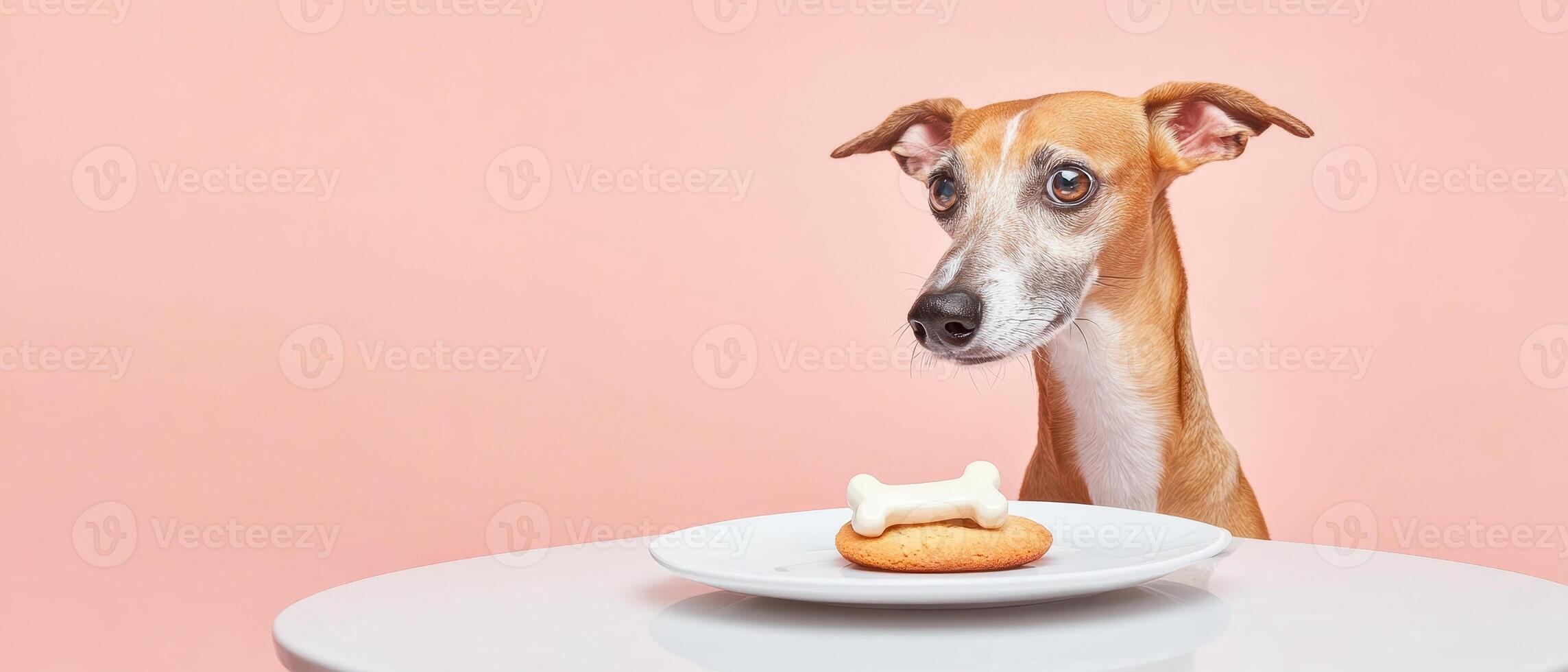 regal greyhound sitting at minimalist table with treat photo