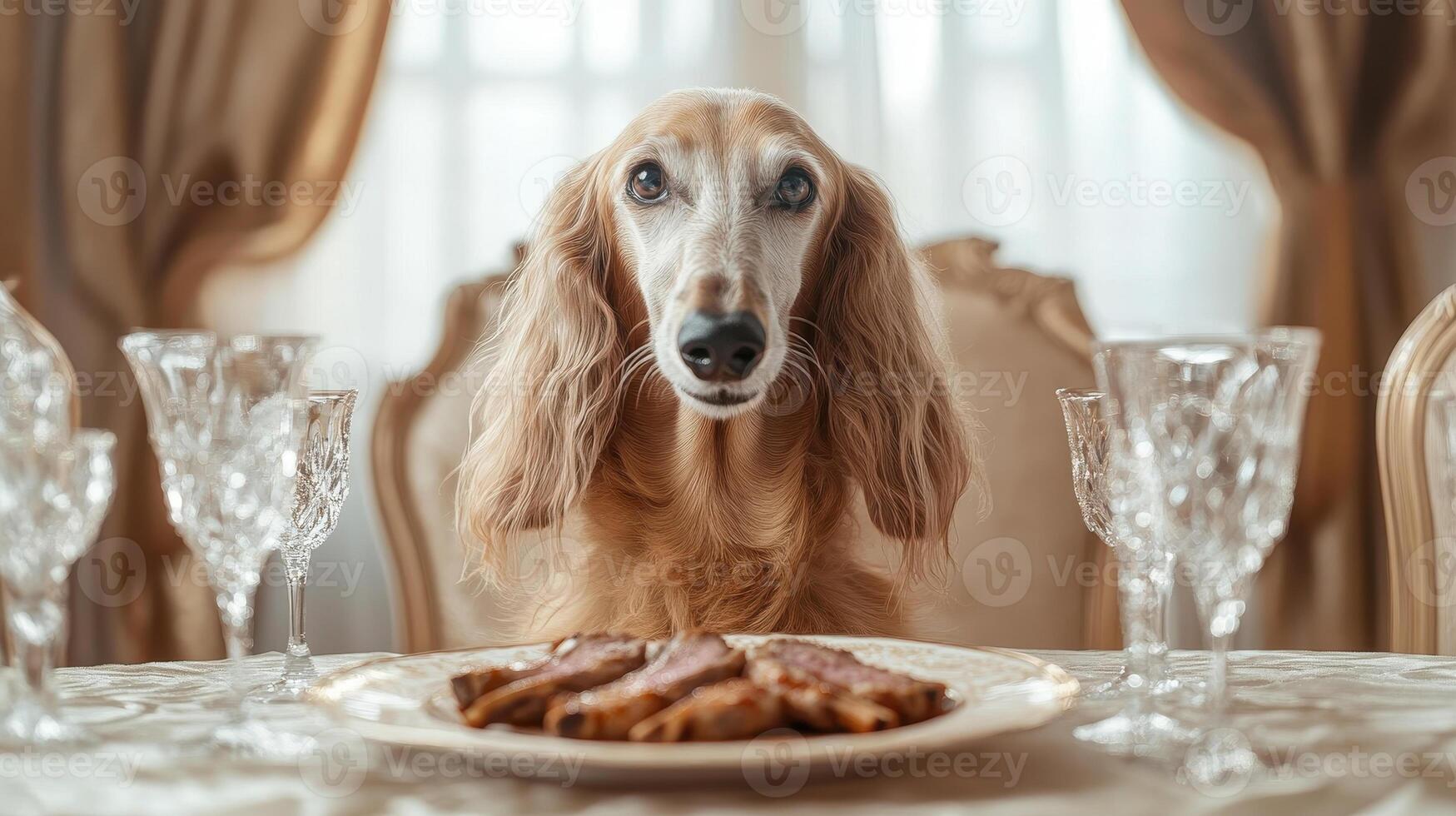 well groomed Afghan hound seated elegantly at dining table with food photo