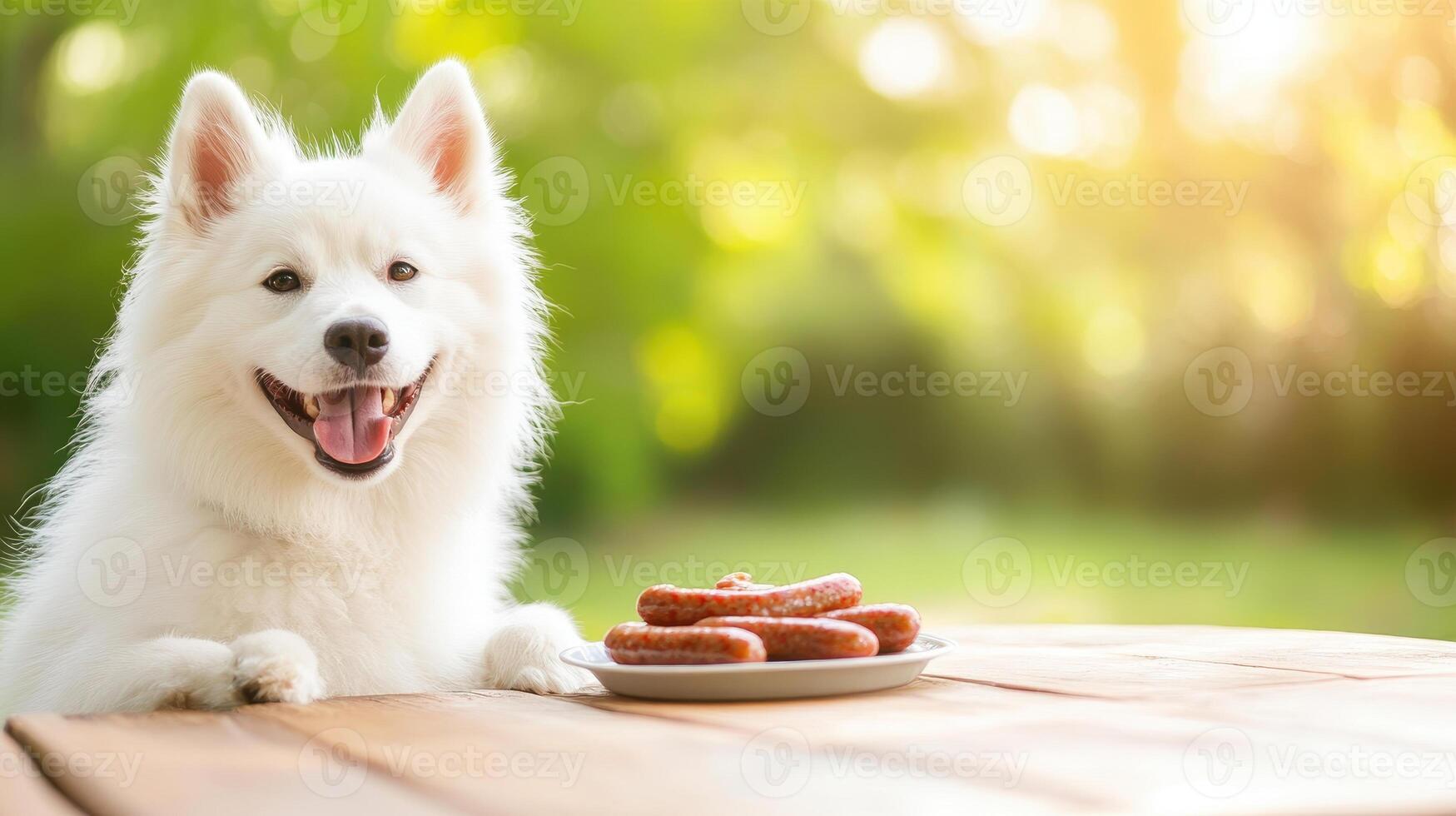 playful white Samoyed dog sits happily beside plate of sausages photo