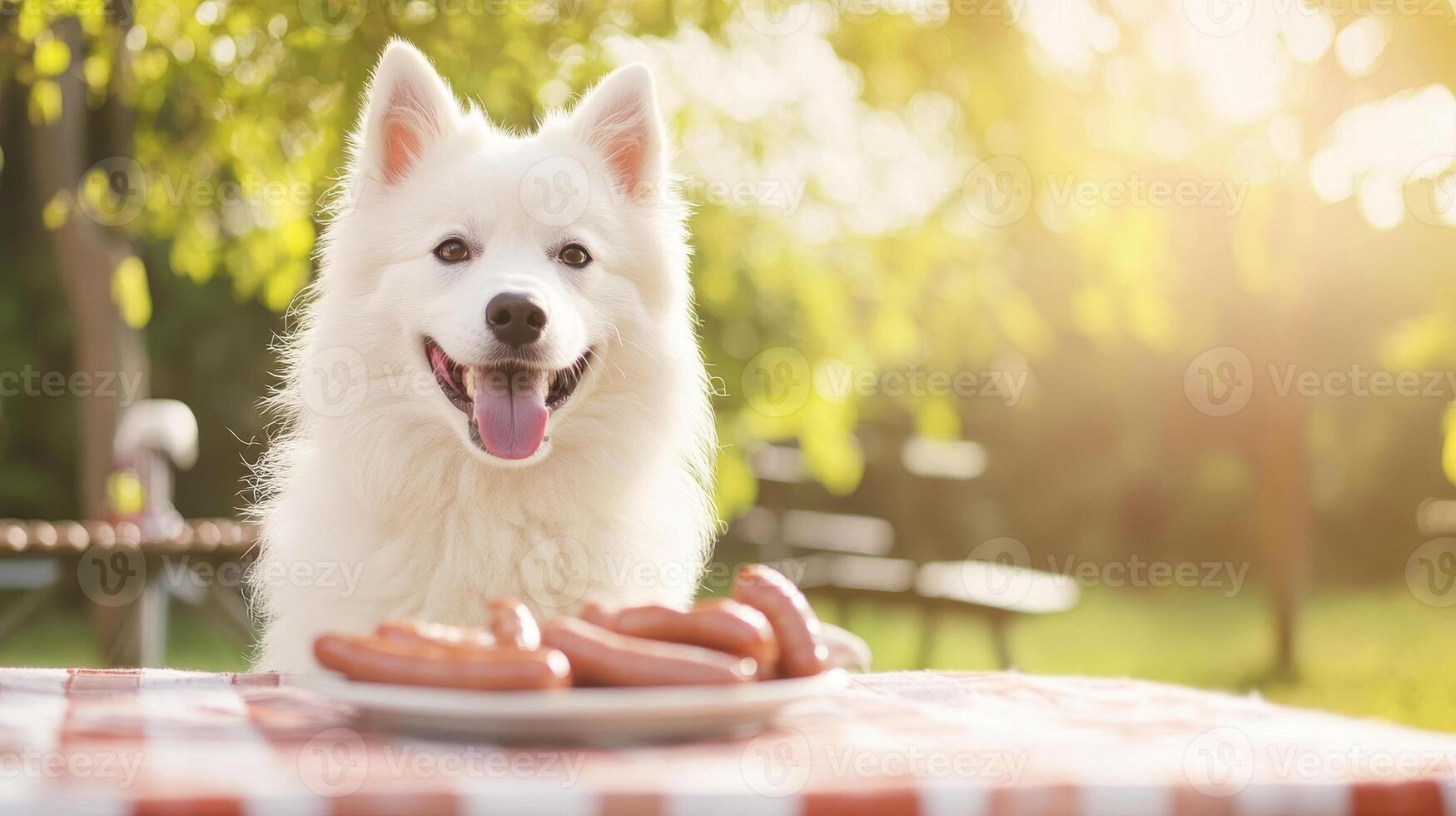 playful white Samoyed dog sits happily by plate of sausages photo