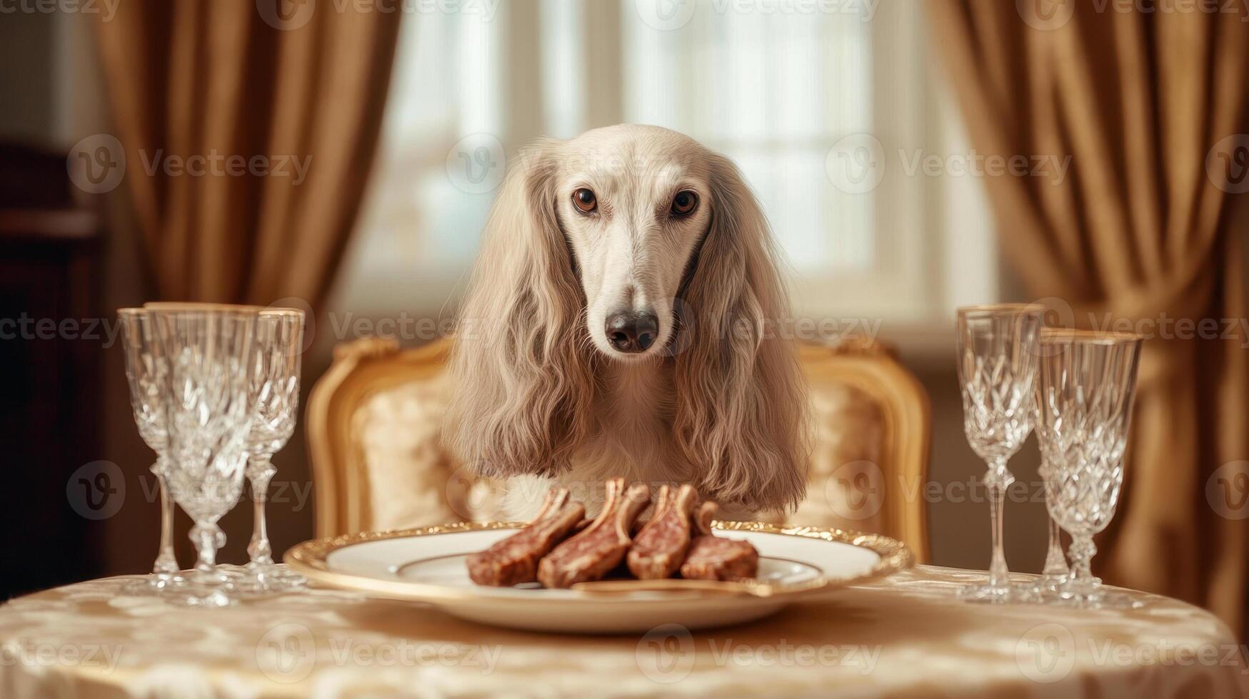 well groomed Afghan hound elegantly seated at lavish dining table photo