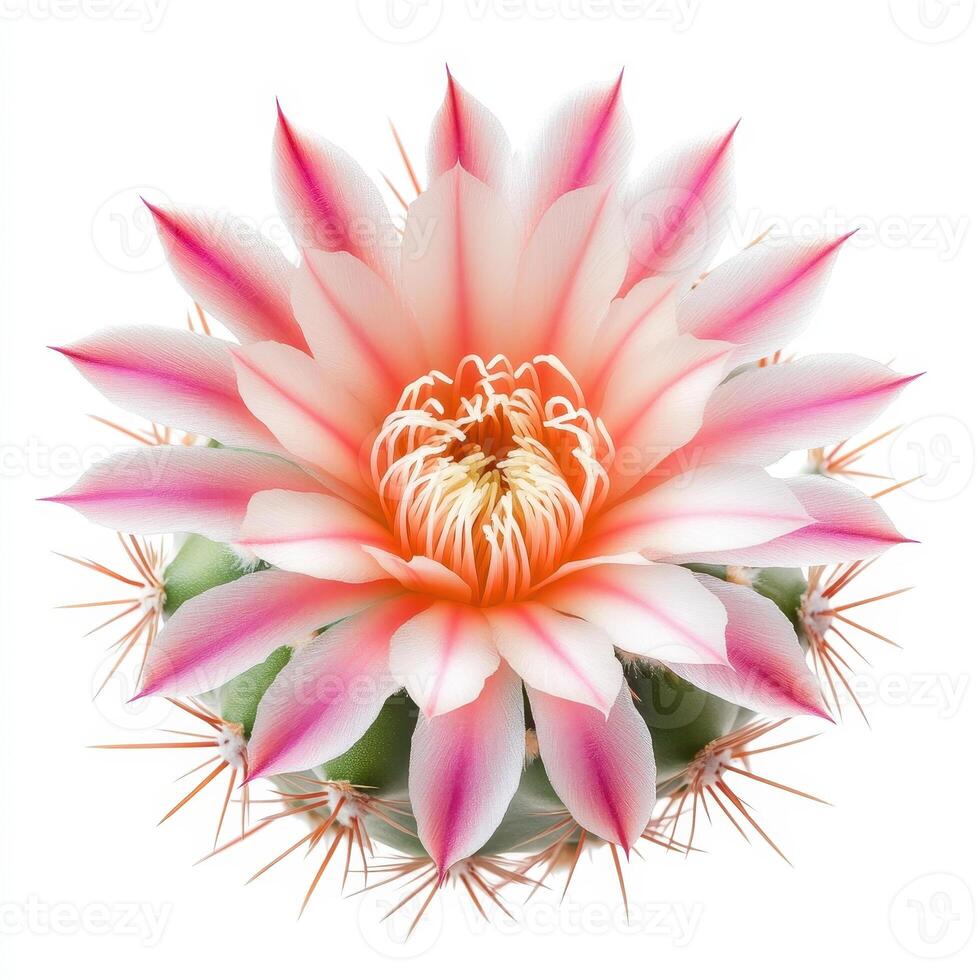 vibrant cactus flower in full bloom, showcasing delicate pink and white petals, surrounded by green spines photo