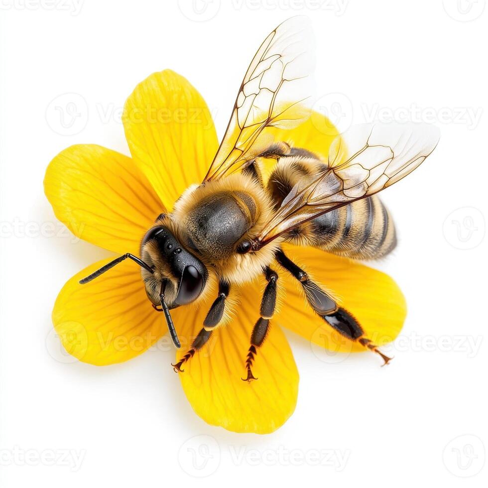 honeybee on vibrant yellow flower petal, showcasing intricate details and nature beauty photo