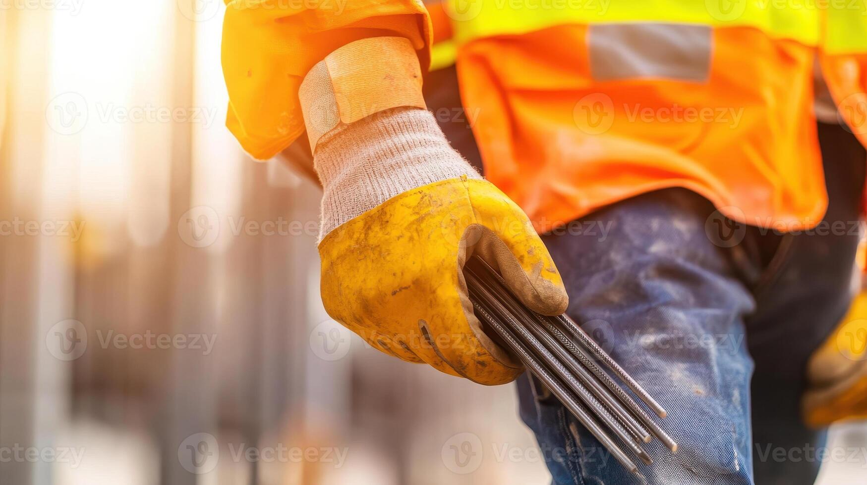 Close up of construction worker holding metal rods, wearing gloves and safety gear photo