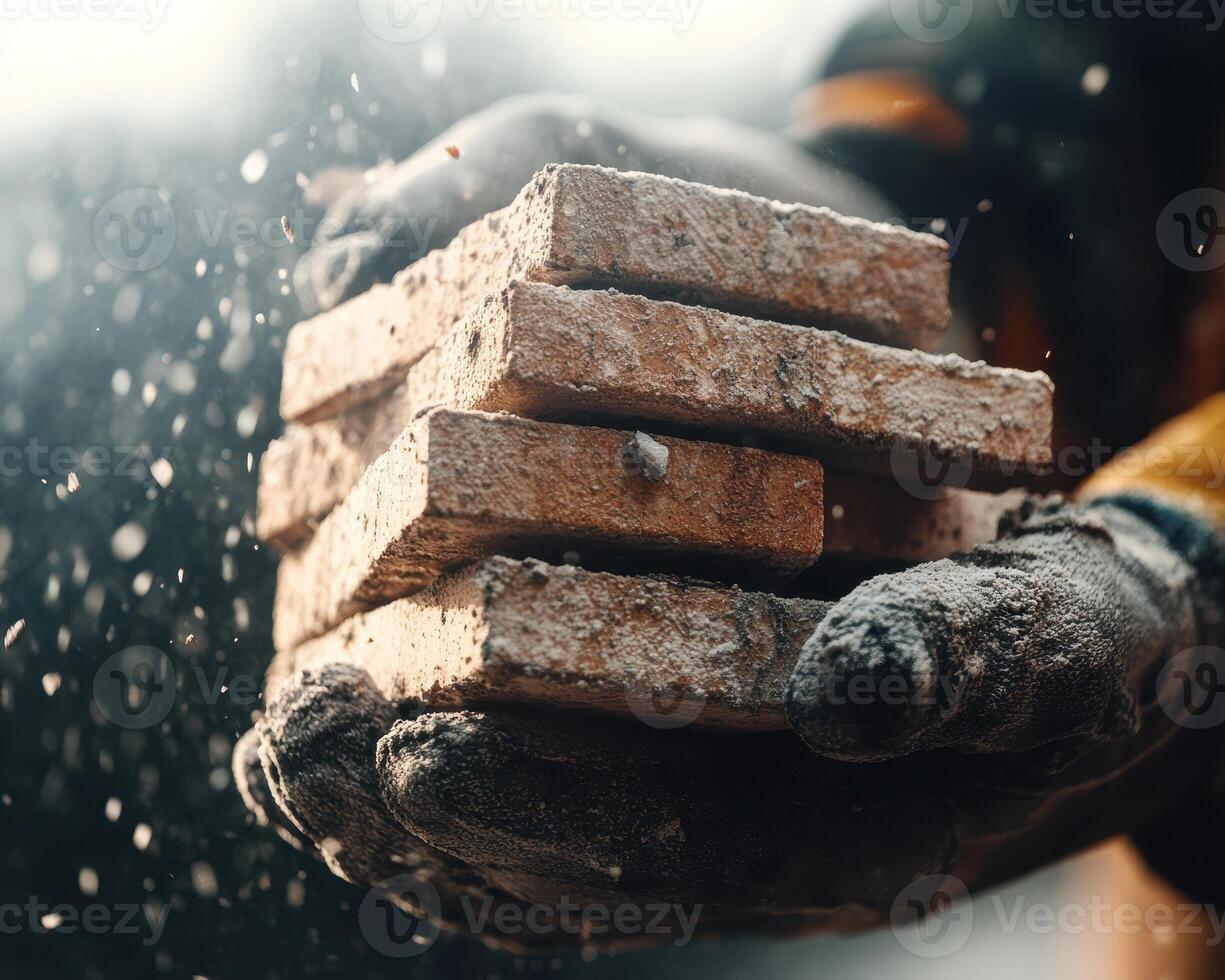 Construction gloves holding stacked bricks, showcasing craftsmanship and focus photo