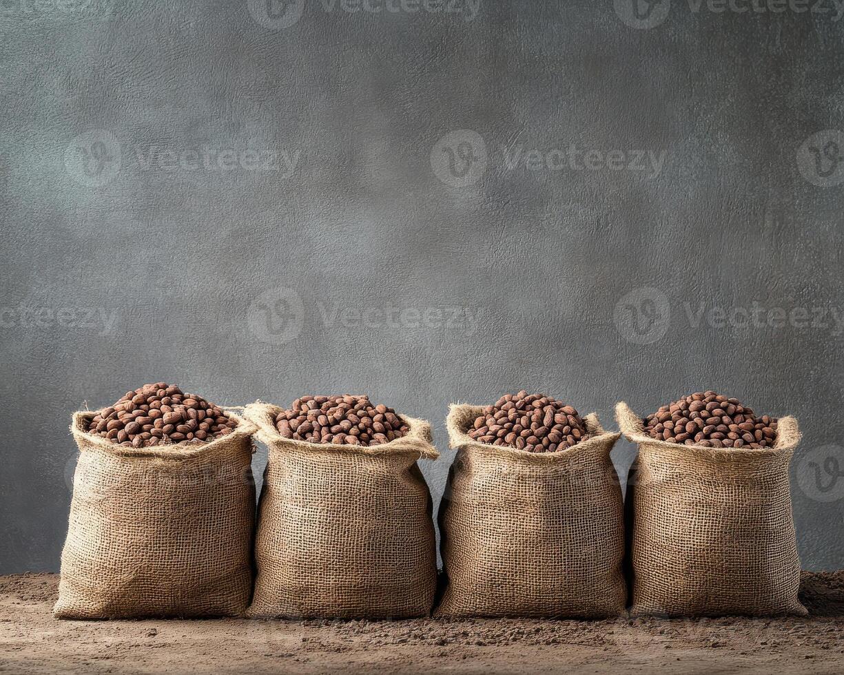 Woven sacks filled with cocoa beans arranged on textured surface photo