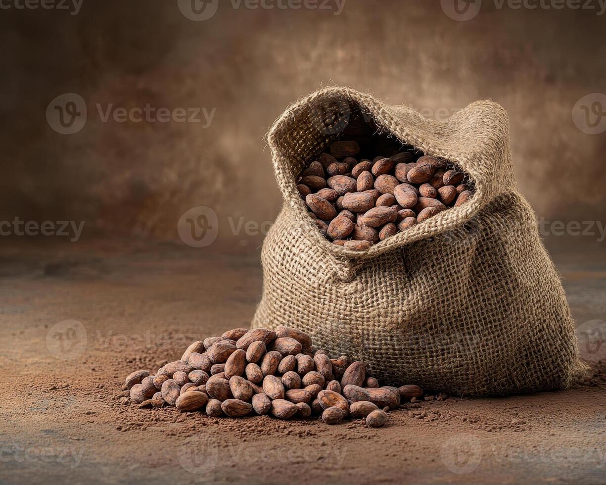 Woven sacks filled with cocoa beans on rustic surface, showcasing rich textures and earthy tones photo