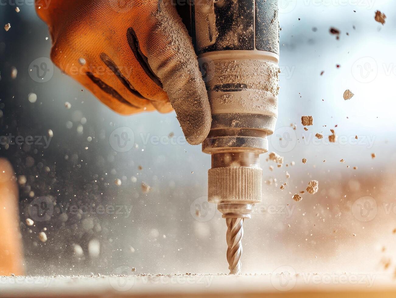 worker hand operating concrete drill, creating dust and debris photo