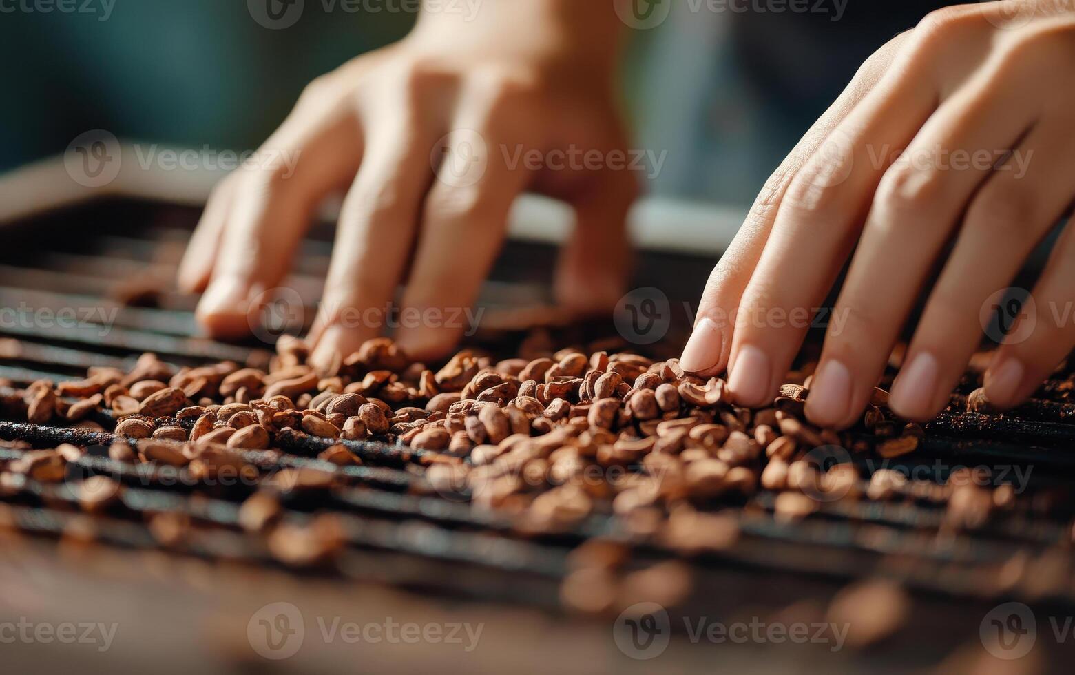 Hands placing cocoa beans on drying racks, showcasing process of chocolate production photo