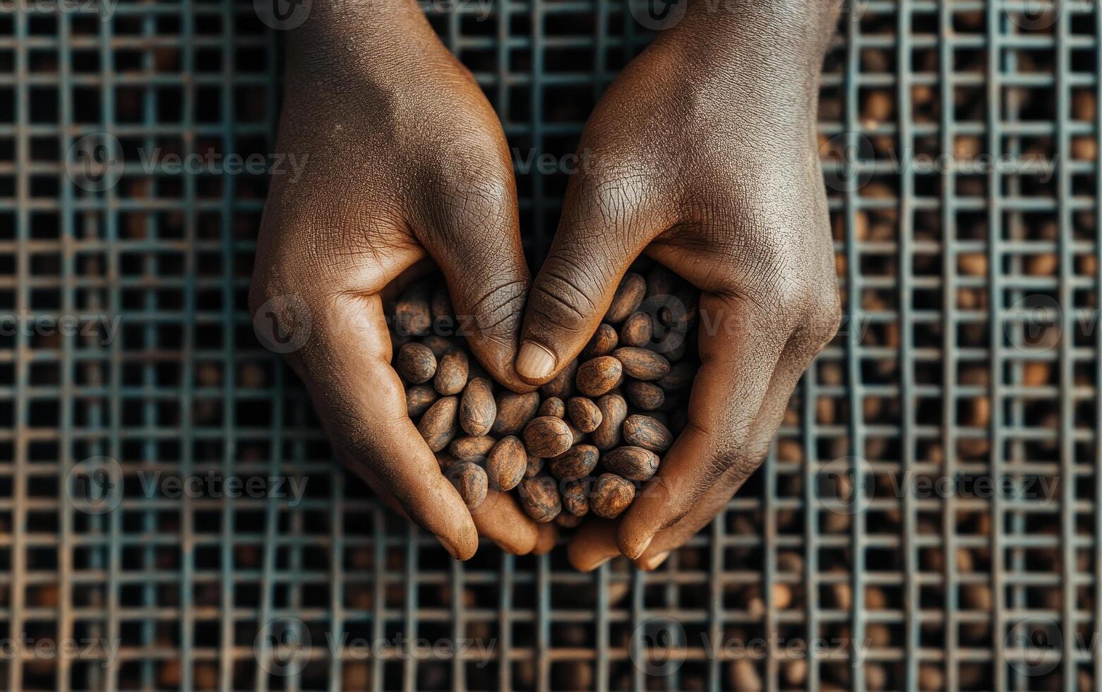 Hands holding cocoa beans in heart shape on drying racks, showcasing care and craftsmanship photo
