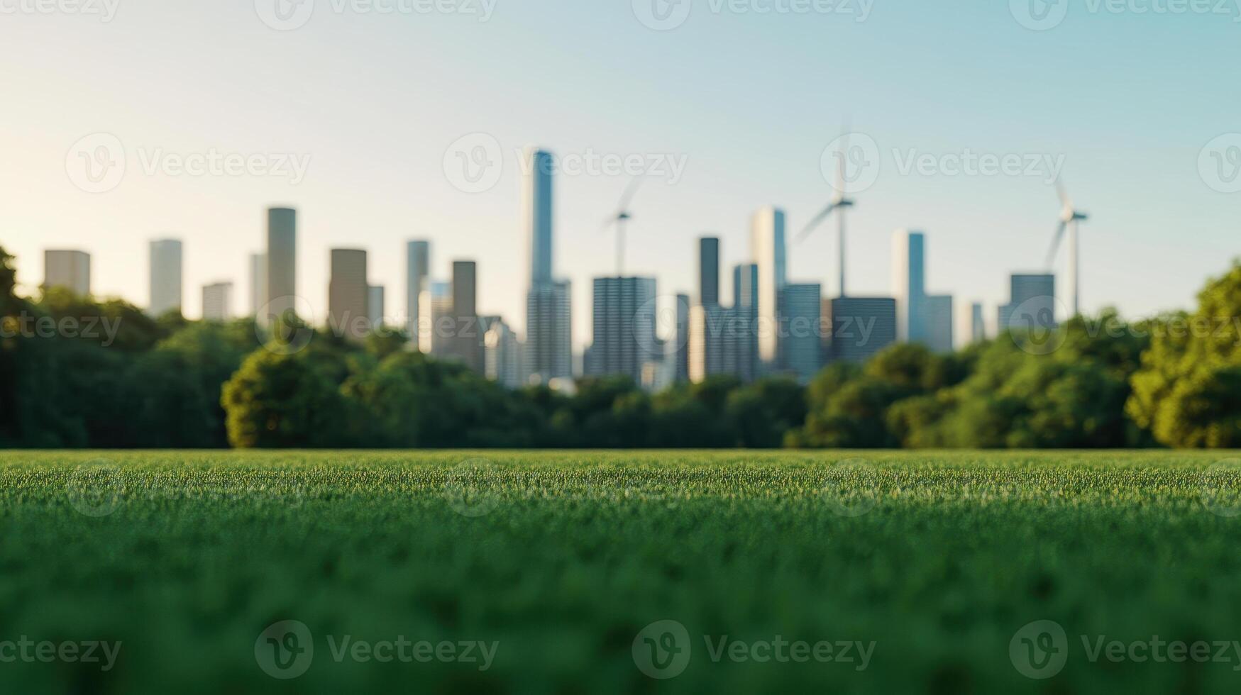 modern cityscape featuring lush green park and wind turbines, showcasing urban sustainability and nature beauty photo