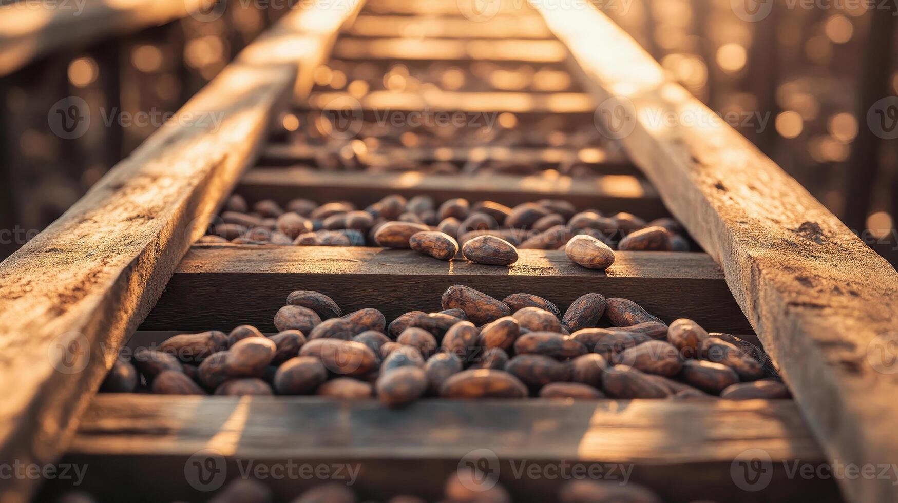 Rustic drying racks filled with cocoa beans under warm sunlight, showcasing nature bounty photo